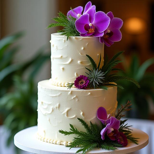 Luxury wedding cake decorated with edible orchids and lush greenery