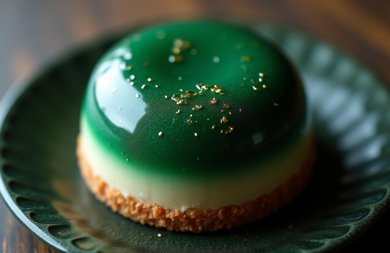 A decadent pastry topped with a shiny emerald-green rainforest glaze