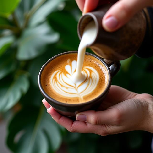 Barista pouring latte art into a ceramic cup amidst tropical plants