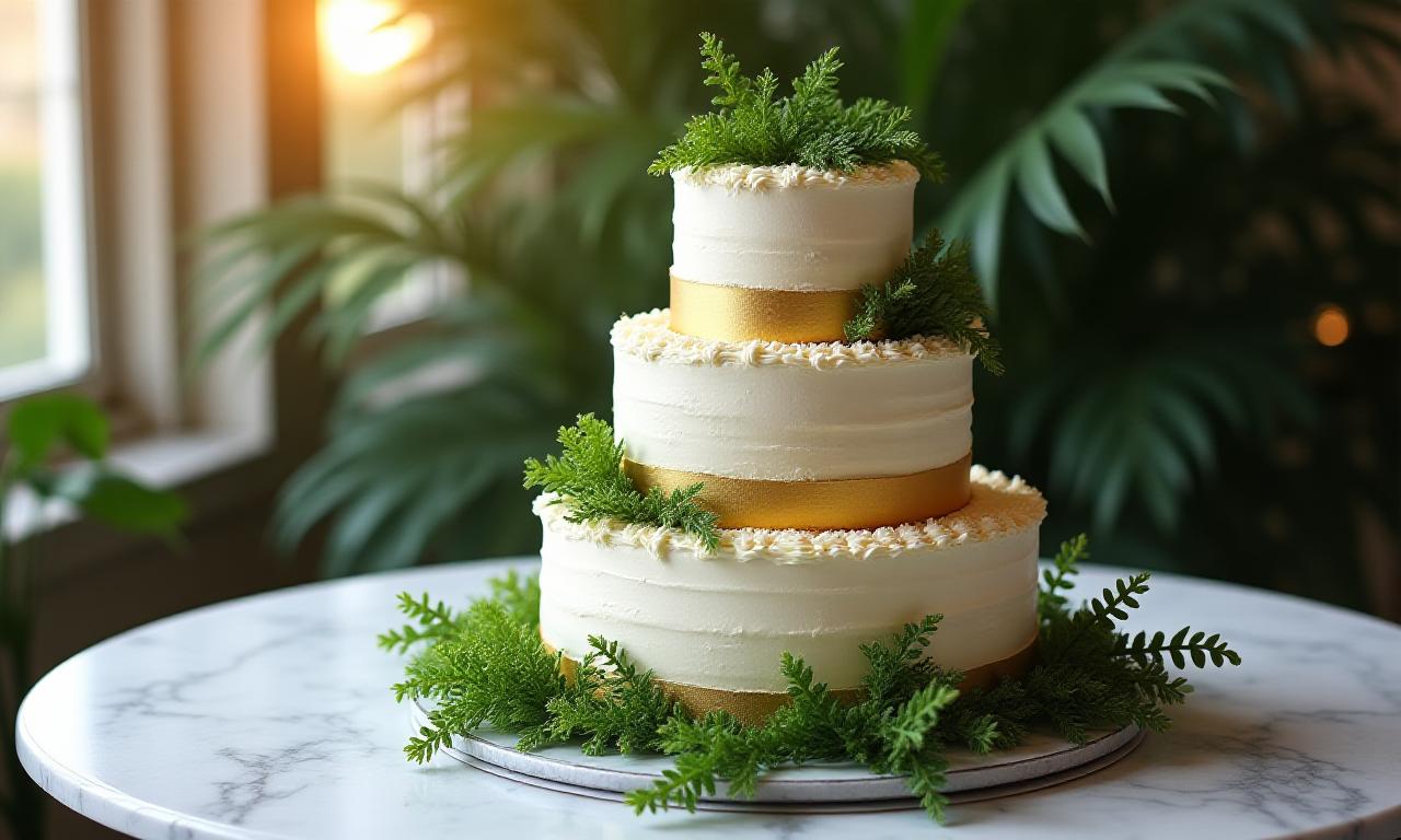 Artisanal multi-tiered wedding cake decorated with lush forest greenery and ferns