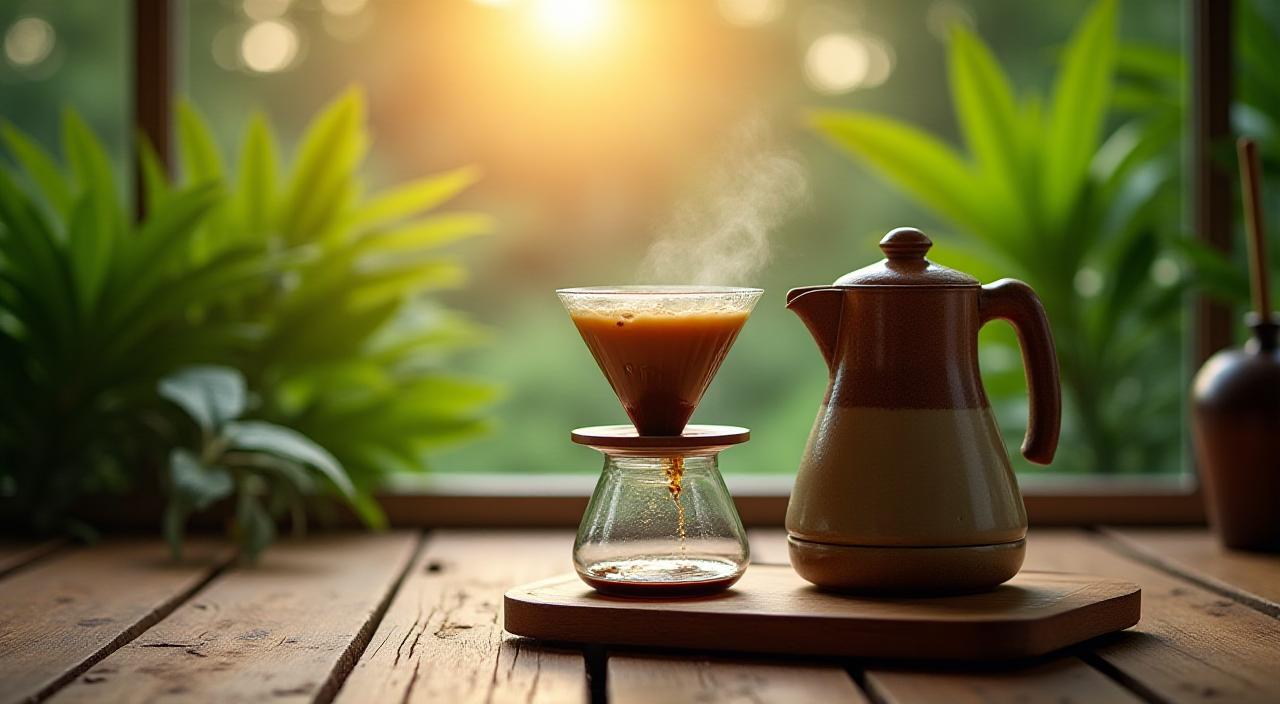Artistic pour-over coffee preparation in a lush, rainforest-inspired setting