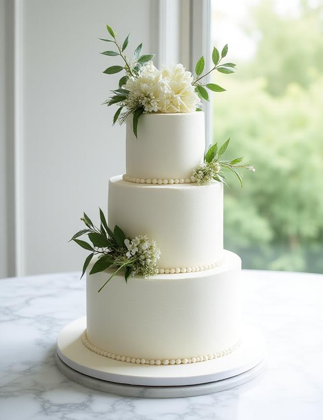 Three-tier white wedding cake with intricate edible fern leaves and botanical designs
