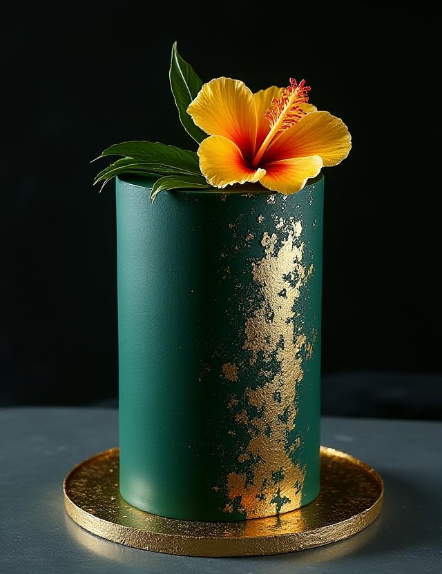 Modern celebration cake with textured dark green frosting, gold leaf accents, and edible exotic flowers