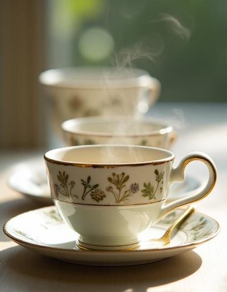 Luxury porcelain tea cups with specialty rainforest coffee and tea