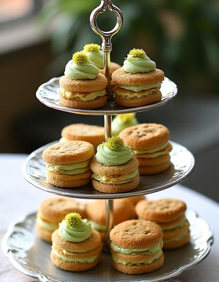 Traditional three-tier high tea stand with rainforest themed desserts