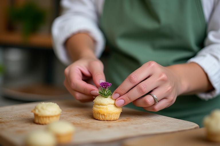 Baker handcrafting intricate pastries in a lush kitchen environment