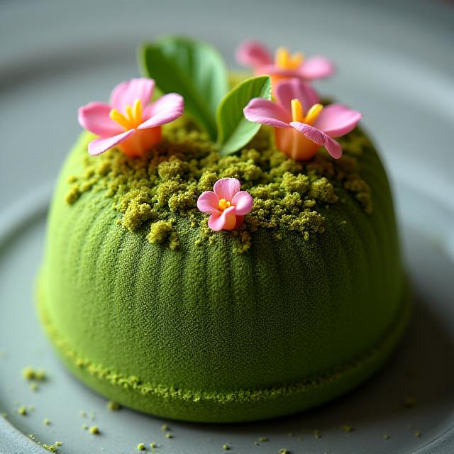 Matcha Moss Cake with edible flowers
