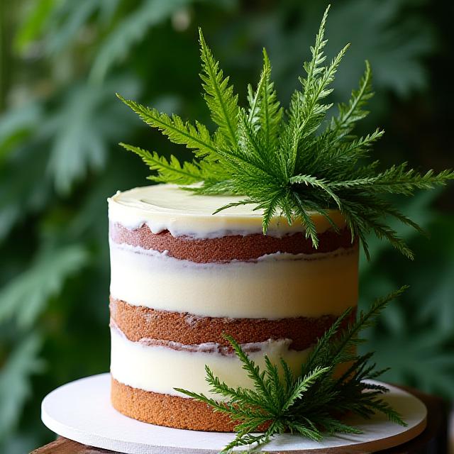 Semi-naked wedding cake styled with vibrant green ferns