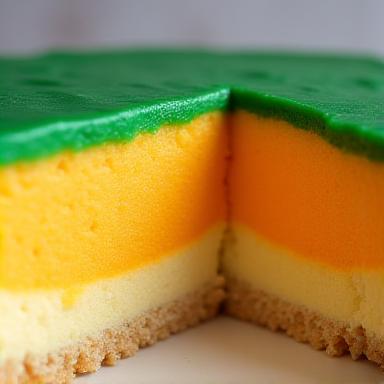 Mango and Passionfruit mousse cake with green glaze