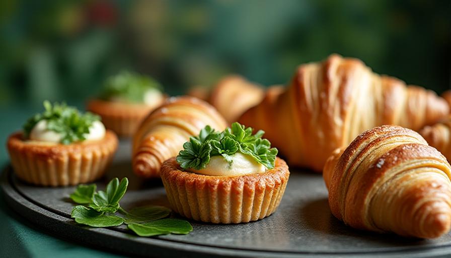 Close-up of artisan pastries in a lush rainforest-themed display at Canopy Bake